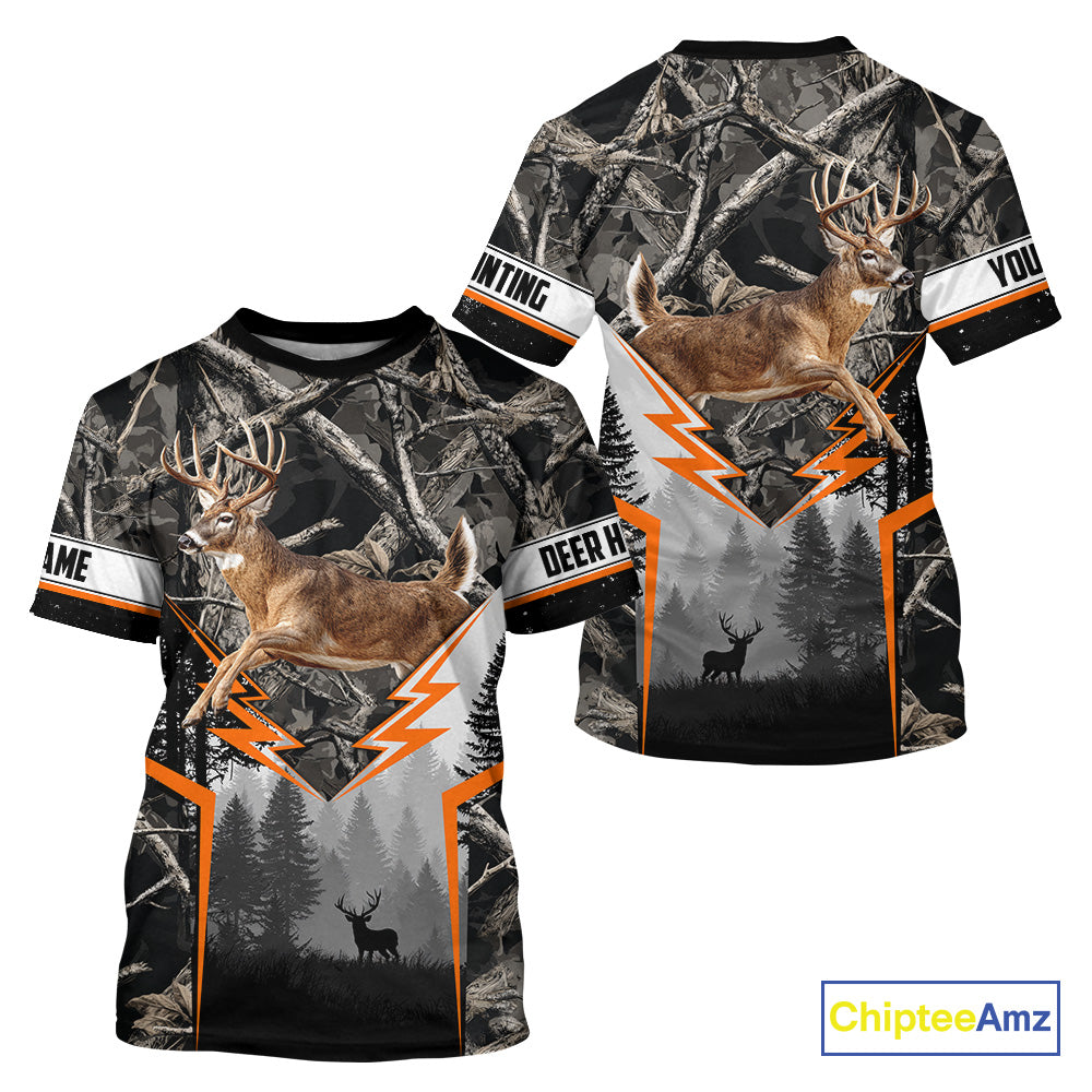 Jumping Whitetail Deer Hunting Dark Camo Custom Name 3D All Over Printed Shirts, Hunting Gifts NBT73