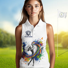 Load image into Gallery viewer, Womens Golf Polo Shirt Watercolor Golfer Golf Pattern Custom Name White Golf Shirt, Golf Gifts NBT685