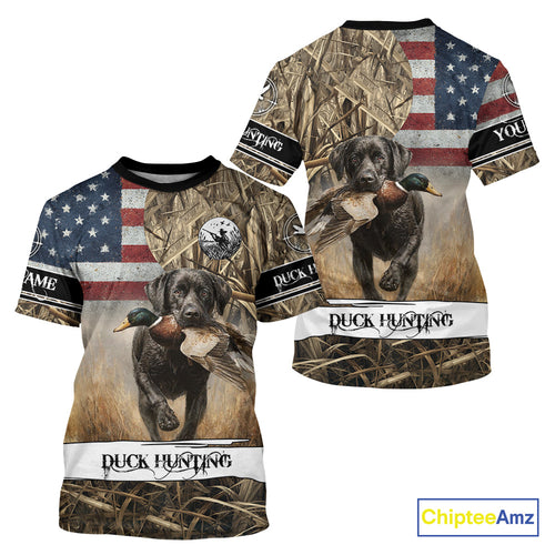 Duck Hunting Waterfowl Camo US Flag Black Labrador Retriever Dog Shirts, Duck Hunting Gifts NBT80