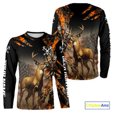 Load image into Gallery viewer, Deer Hunting Shirt Orange Forest Camo US Flag Custom Name Hoodie, Long Sleeve For Men NBT256