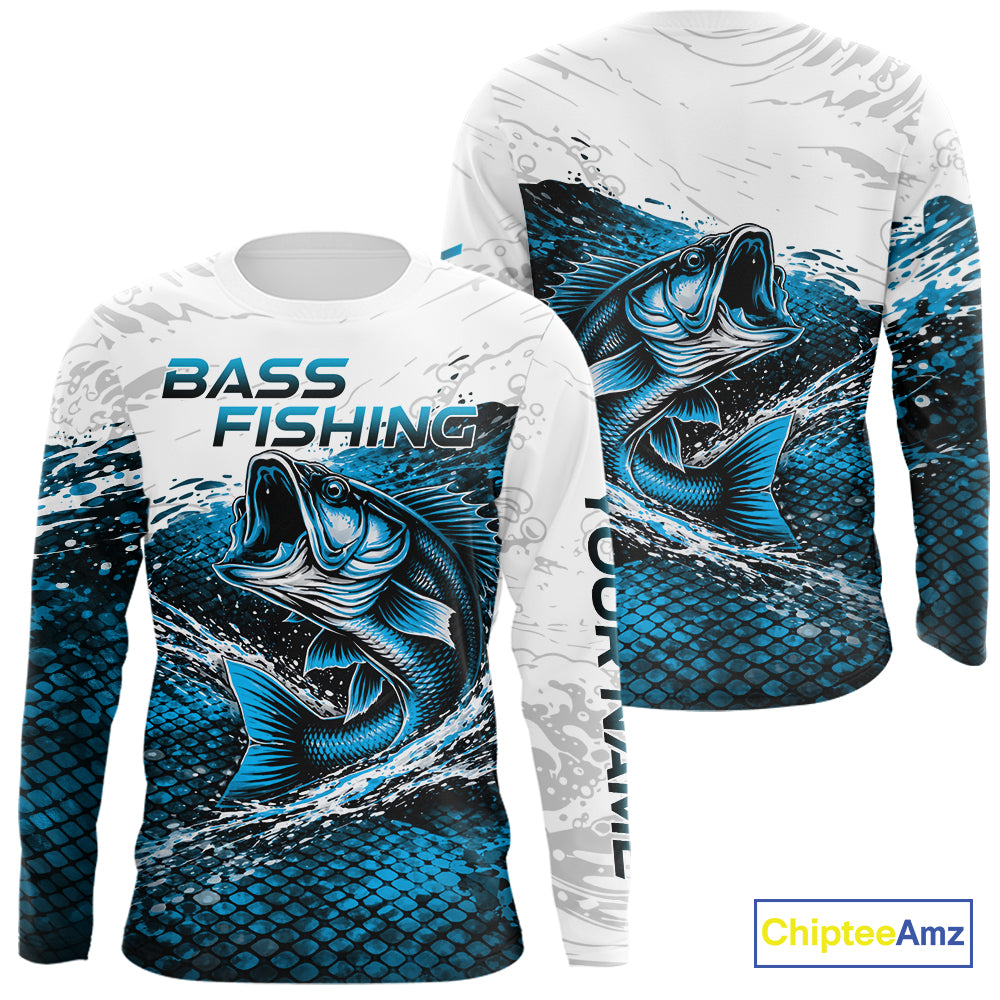 Custom Largemouth Bass Fish Scale Long Sleeve Fishing Shirts, Bass Fishing Jerseys|Blue NBT351
