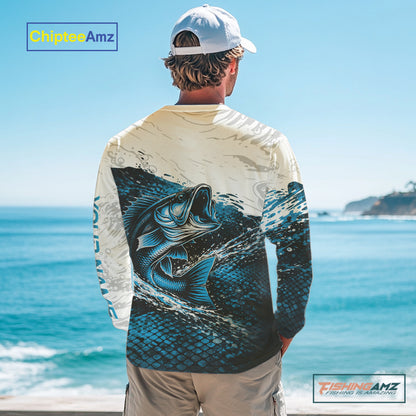Custom Largemouth Bass Fish Scale Long Sleeve Fishing Shirts, Bass Fishing Jerseys|Blue NBT351
