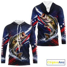 Load image into Gallery viewer, American Flag Fishing Shirt, Bass Long Sleeve Hooded Fishing Shirts, Bass Fishing Tournament Shirts|Blue NBT433