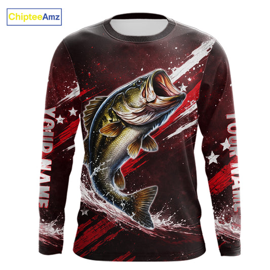 American Flag Fishing Shirt, Bass Fishing Shirts Long Sleeve, Bass Fishing Tournament Shirts|Red NBT434