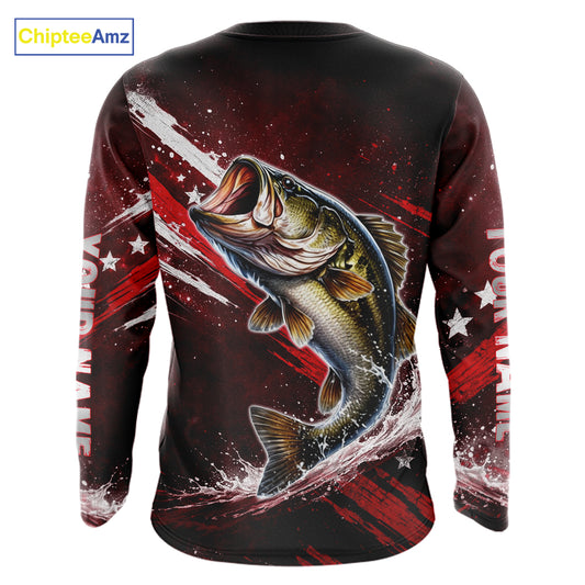 American Flag Fishing Shirt, Bass Fishing Shirts Long Sleeve, Bass Fishing Tournament Shirts|Red NBT434