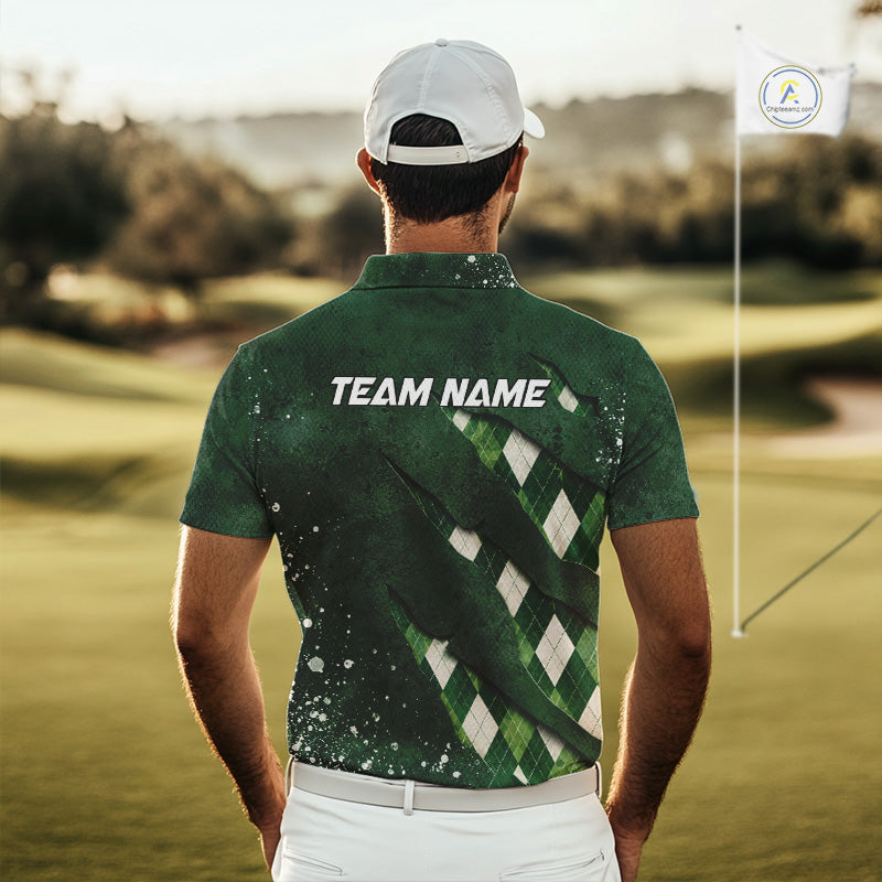 Back view of a green argyle plaid pattern golf polo shirt with “Team Name” on the back.