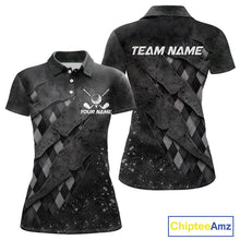 Load image into Gallery viewer, Front and back views of a womens gray argyle pattern golf polo shirt, chest name text, and team name on the back.