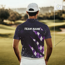 Load image into Gallery viewer, A golfer man in a golf course wearing a purple argyle plaid pattern golf polo shirt with “Team Name” on the back.