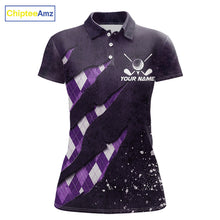 Load image into Gallery viewer, Front views of a womens purple argyle pattern golf polo shirt, chest name text, and team name on the back.