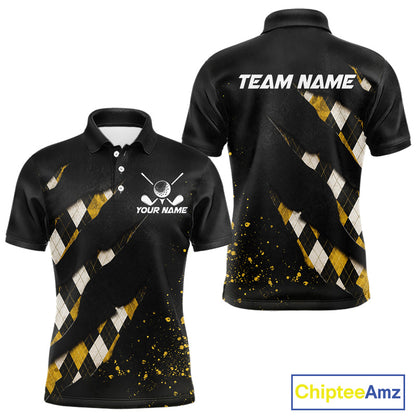 Front and back views of a black, yellow argyle plaid pattern golf polo shirt, chest name text, and team name on the back.