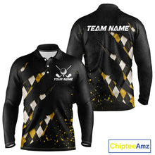 Load image into Gallery viewer, Front and back views of a black, yellow argyle plaid pattern long sleeve golf polo shirt, chest name text, and team name on the back.