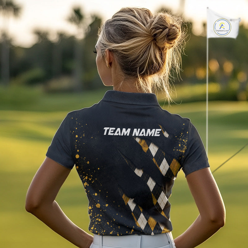 A woman wearing a black and yellow argyle golf polo shirt with “Team Name” on the back.