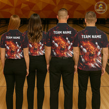 Load image into Gallery viewer, Bowling team wearing matching Red Flame Lion Custom Men Bowling Polo Shirts Bowling League Shirts with custom team name