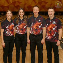 Load image into Gallery viewer, Bowling team wearing matching Red Flame Lion Custom Men Bowling Polo Shirts Bowling League Shirts