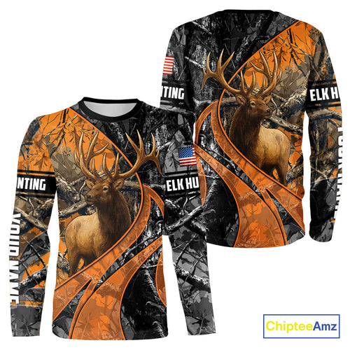 Elk Hunting Orange and Black Camo Shirts with US Flag, Personalized Hunting Shirt NBT100