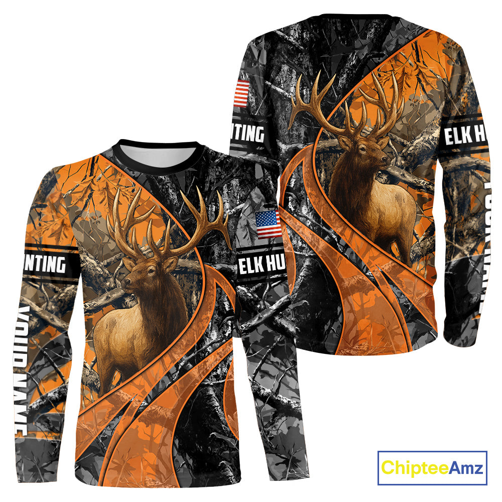 Elk Hunting Orange and Black Camo Shirts with US Flag, Personalized Hunting Shirt NBT100