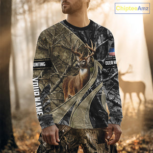 Whitetail Deer Hunting Brown and Black Camo Shirts with US Flag, Personalized Hunting Shirt NBT101