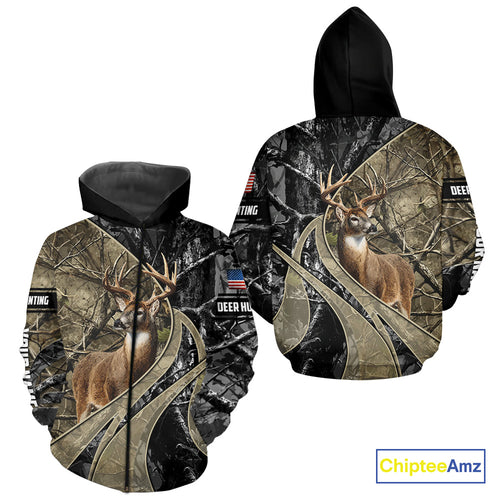 Whitetail Deer Hunting Brown and Black Camo Shirts with US Flag, Personalized Hunting Shirt NBT101