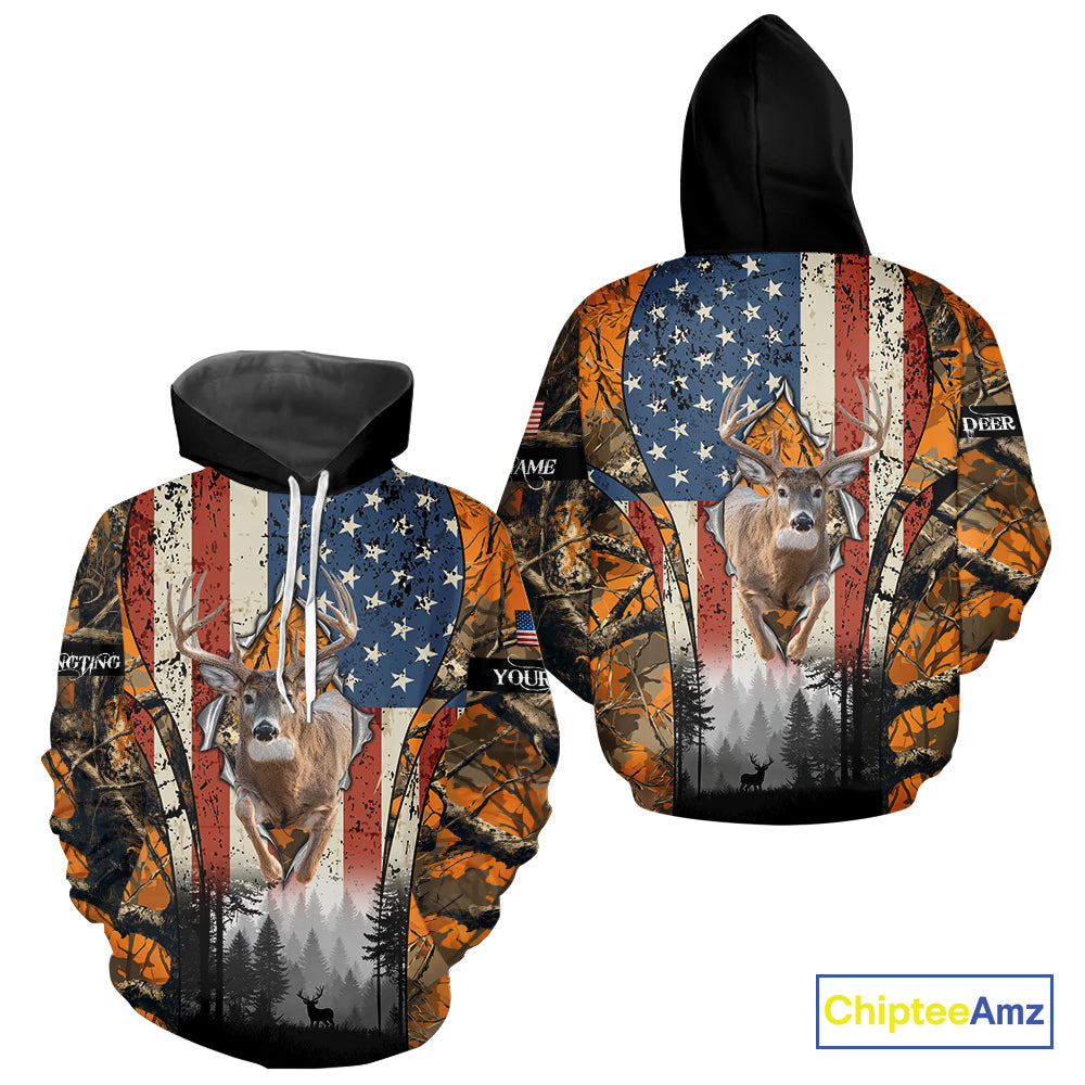 Whitetail Deer Hunting Big Game US Flag Custom Name Orange Camo Shirts, Personalized Deer Hunting Clothing NBT265