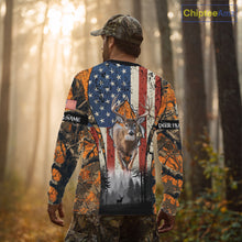 Load image into Gallery viewer, Whitetail Deer Hunting Big Game US Flag Custom Name Orange Camo Shirts, Personalized Deer Hunting Clothing NBT265