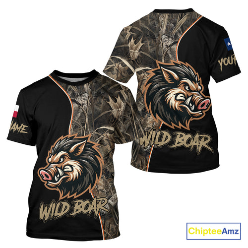 Custom Brown Camo with TX Flag Boar Hunting Shirts for Men, Boar Hunting Clothes, Hunting Gifts NBT188