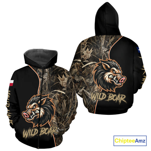 Custom Brown Camo with TX Flag Boar Hunting Shirts for Men, Boar Hunting Clothes, Hunting Gifts NBT188