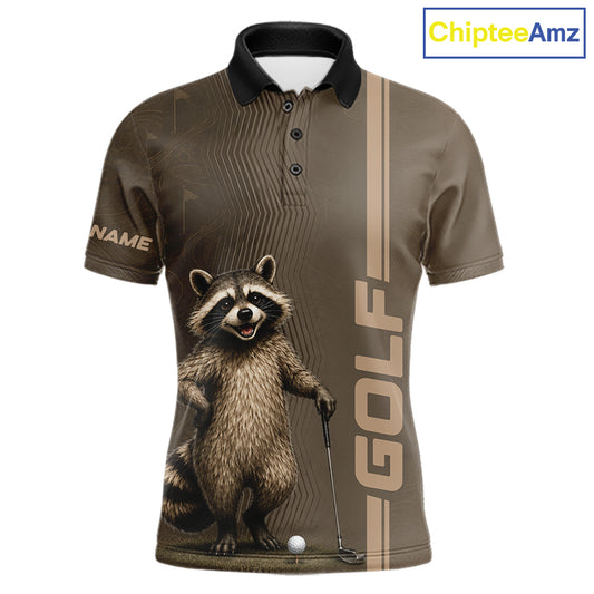 Personalized Funny Brown Raccoon Custom Name Polo Golf Shirt For Mens, Golfer Gifts NBT888