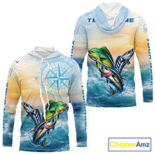 Load image into Gallery viewer, Front and back view of personalized mahi mahi wahoo tuna blue hooded performance fishing shirt with personalized name
