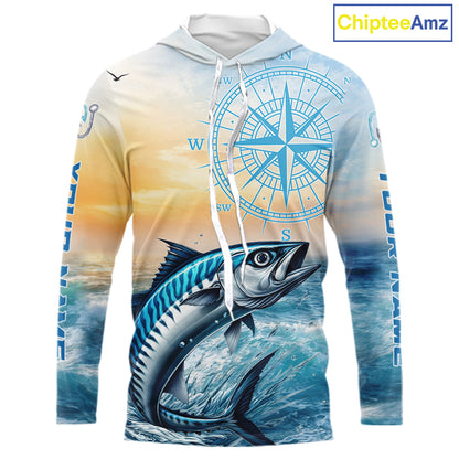 King Mackerel Fishing Sunset Custom Fishing Long Sleeve Hooded Shirt, Compass Offshore Fishing Apparel NBT586