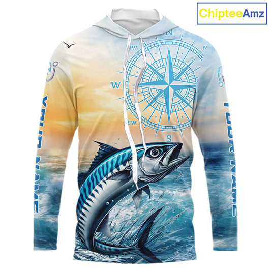 King Mackerel Fishing Sunset Custom Fishing Long Sleeve Hooded Shirt, Compass Offshore Fishing Apparel NBT586