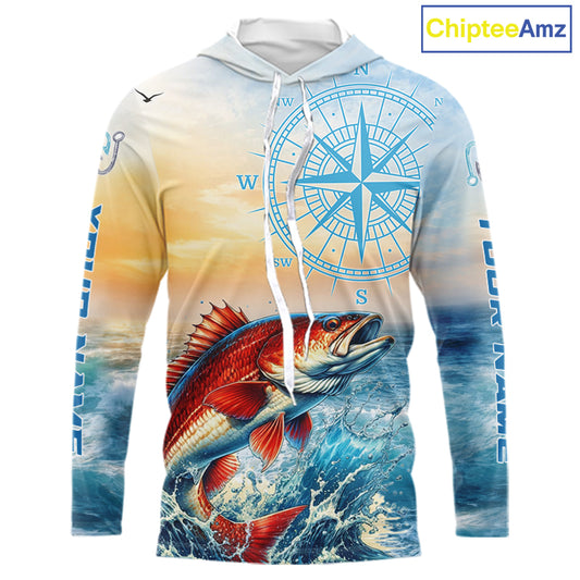 Redfish Fishing Sunset Custom Fishing Long Sleeve Hooded Shirt, Redfish Compass Offshore Fishing Apparel NBT587
