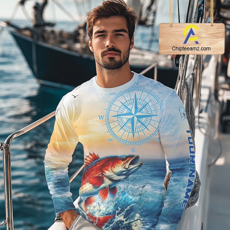 Redfish Fishing Sunset Custom Fishing Long Sleeve Shirt, Redfish Compass Offshore Fishing Apparel NBT587