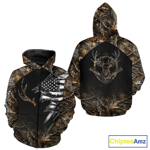 Whitetail Deer Hunting Shirts Personalized Black US Flag Camouflage, Best Gifts for Deer Hunters NBT275