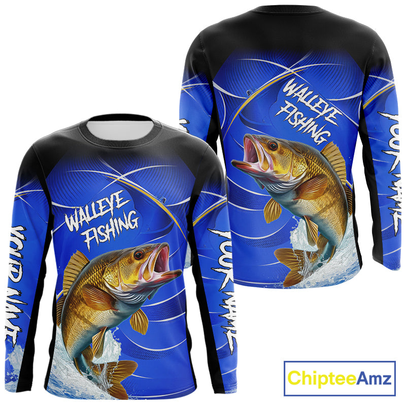 Personalized Walleye Long Sleeve Fishing Shirts UV Protection Tournament Jersey, Walleye Fishing Shirts NBT366