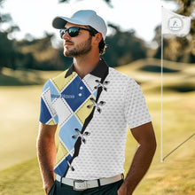Load image into Gallery viewer, Mens Golf Polo Shirt Custom Blue And Yellow Golf Argyle Plaid Pattern, Personalized Golf Gifts NBT735