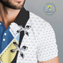 Load image into Gallery viewer, Blue and yellow golf argyle plaid pattern on men’s custom golf polo shirt