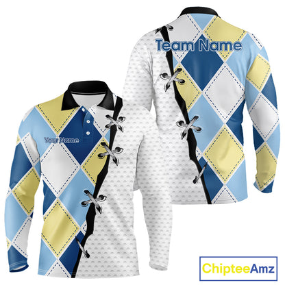Mens long sleeve golf polo shirt custom blue and yellow argyle plaid pattern - front view