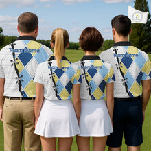 Load image into Gallery viewer, Mens Golf Polo Shirt Custom Blue And Yellow Golf Argyle Plaid Pattern, Personalized Golf Gifts NBT735