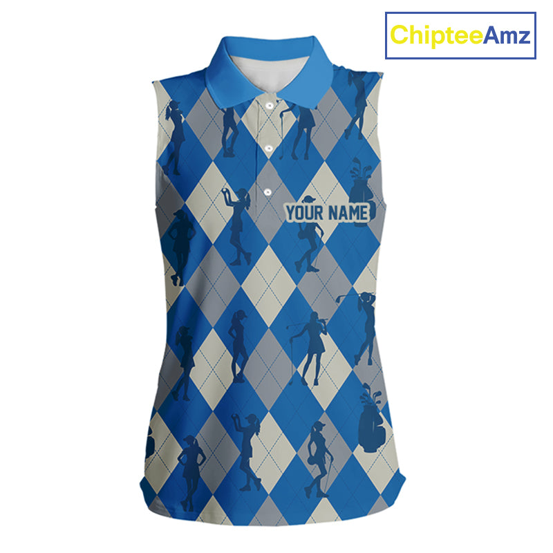 Blue Argyle Womens Sleeveless Golf Polo Shirts, Golf Shirts Custom Team Golf Polo For Ladies Team Golf Tops NBT489