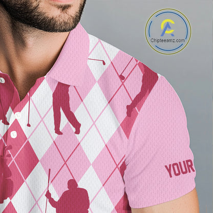Light Pink Argyle Mens Golf Polo Shirts, Golf Shirts Custom Team Golf Polo For Men Team Golf Tops NBT491