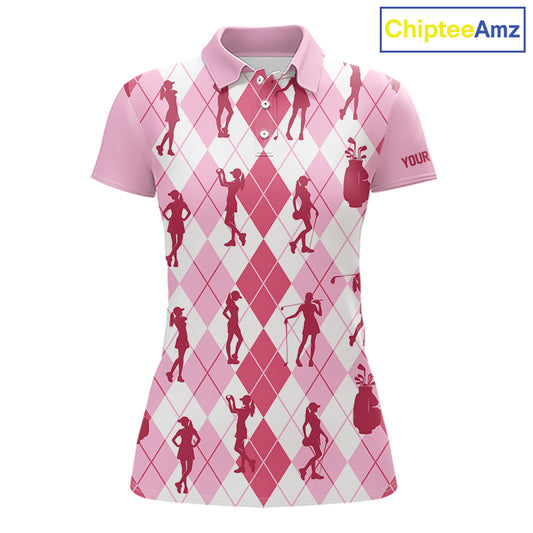 Light Pink Argyle Womens Golf Polo Shirts, Golf Shirts Custom Team Golf Polo For Ladies Team Golf Tops NBT491