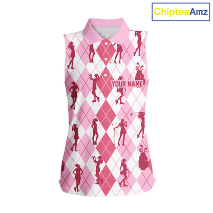 Light Pink Argyle Womens Sleeveless Golf Polo Shirts, Golf Shirts Custom Team Golf Polo For Ladies Team Golf Tops NBT491