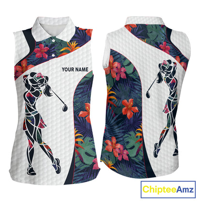 Custom Name Colorful Tropical Pattern Golf Women's Sleeveless Polo Shirt, White Golf Shirt, Team Golf Top NBT498