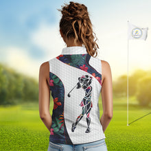 Load image into Gallery viewer, Custom Name Colorful Tropical Pattern Golf Women's Sleeveless Polo Shirt, White Golf Shirt, Team Golf Top NBT498