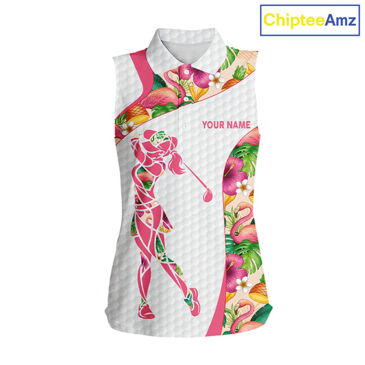 Colorful Tropical Pattern Womens Sleeveless Golf Polo Shirt Custom Name White Golf Shirt, Golf Gifts NBT499