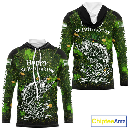 Custom St Patrick's Day American Flag Bass Long Sleeve Hooded Fishing Shirts, Patriotric Bass Fishing Jerseys NBT381