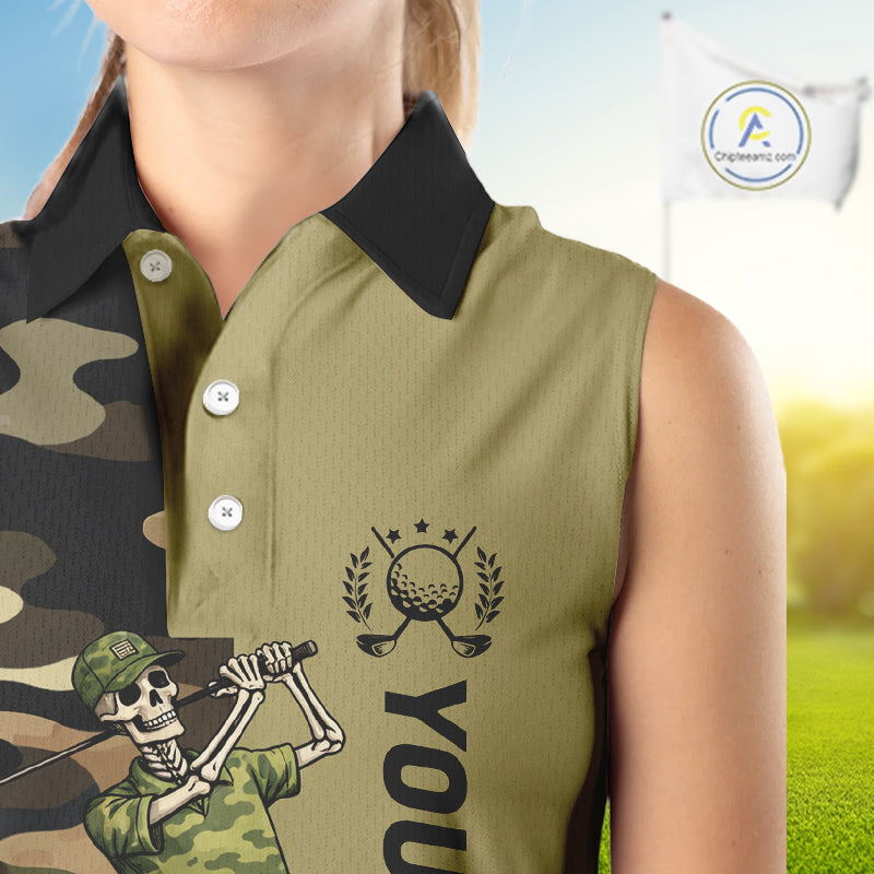 Funny Skull Womens Sleeveless Golf Polo Shirts Green Camo Pattern Custom Name Skull Playing Golf Apparel NBT625