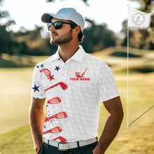 Load image into Gallery viewer, Man on a golf course wearing a custom polo shirt with golf club design and 'Your Name' text.