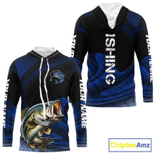 Load image into Gallery viewer, Front and back view of personalized camo bass long sleeve hooded fishing shirt with personalized name on sleeves 
