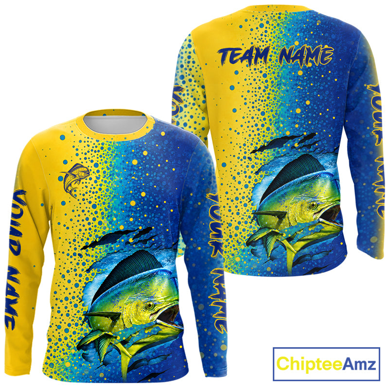 Front and back view of custom Mahi Mahi saltwater fishing long sleeve UV protection with personalized name